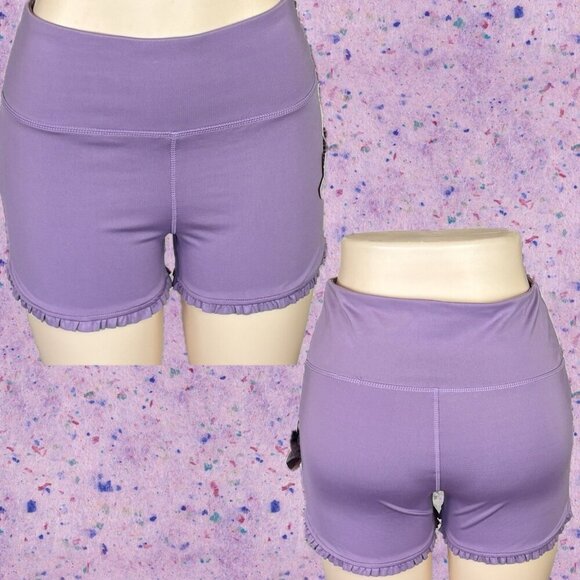 Vasana L Purple High-Waisted Four Way Stretch Ruffle Hem Wicking Shorts - Picture 1 of 6